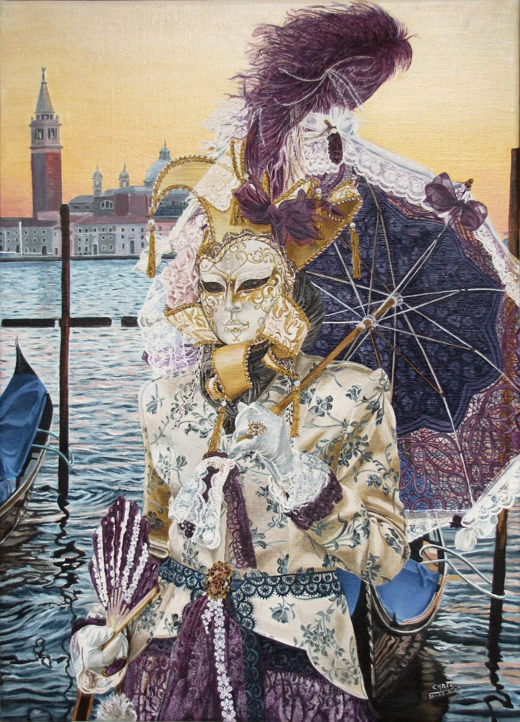 Personne en costume coloré avec un masque, ornée de plumes et de fleurs.