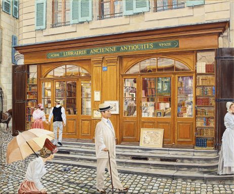 Magasin ancien avec des affichages, clients et une femme avec un parapluie.