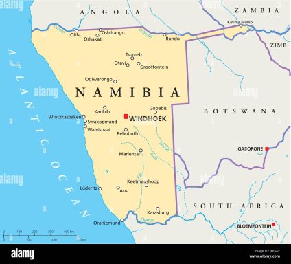 Carte de la Namibie, montrant ses frontières et quelques villes importantes.