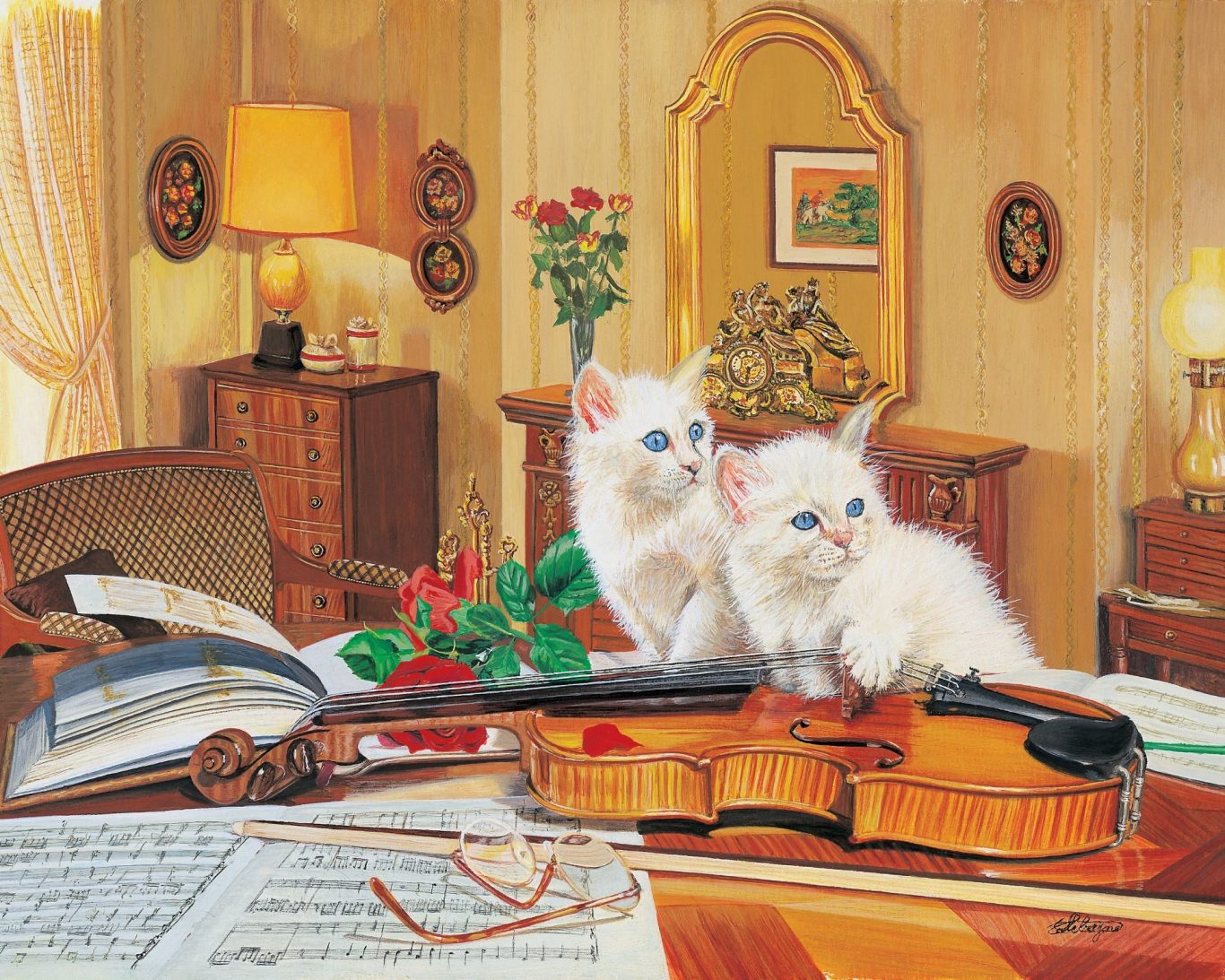 Deux chatons blancs aux yeux bleus jouent près d'un violon sur une table avec des partitions.