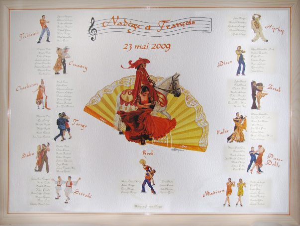 Affiche colorée de danse avec un éventail, représentant différentes danses et dates.