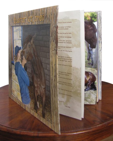 Livre ouvert avec des illustrations de chevaux et une personne en interaction avec eux.