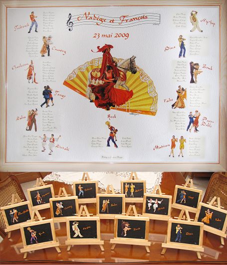 Ensemble comprenant un plan de tables ainsi que des chevalets/dessous de verres en ardoise, cette œuvre a été réalisée pour un mariage.
