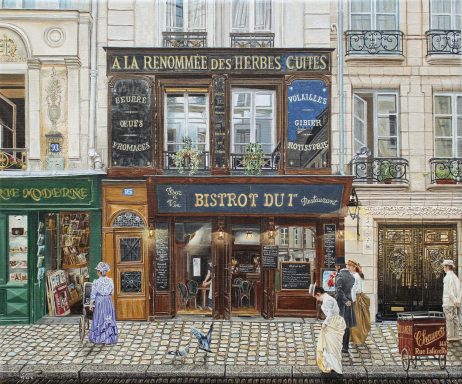 Bâtiment ancien avec une façade de restaurant et des personnages en tenues d'époque.