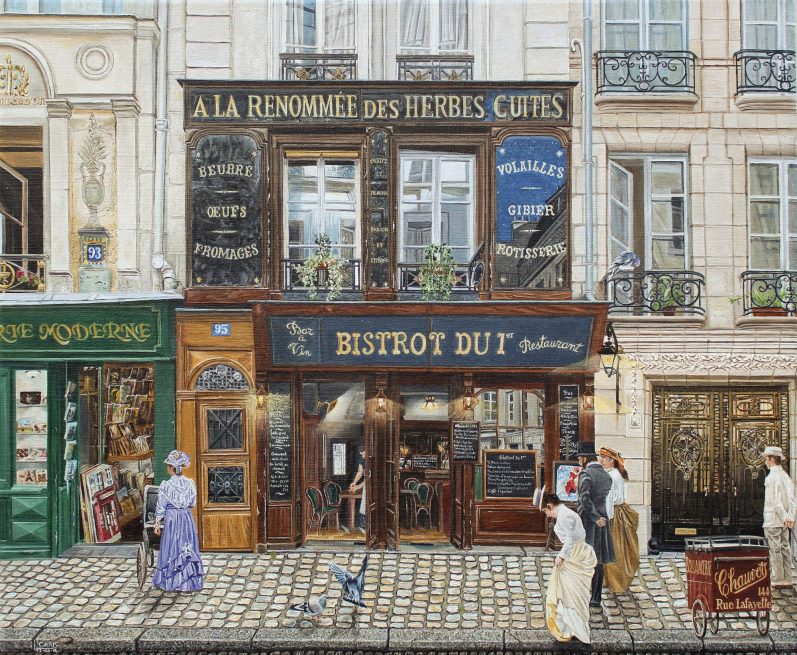 Restaurant au décor style parisien avec clients en extérieur, rue pavée.