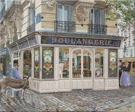Boulangerie élégante avec façade colorée, baies vitrées et mobilier vintage.