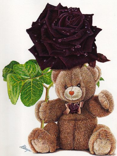 Un ours en peluche tenant une rose noire sur un fond clair.