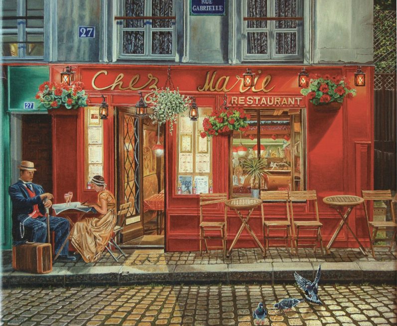 Terrasse d'un café parisien,  rouge avec des tables et des chaises, ambiance chaleureuse à Montmartre