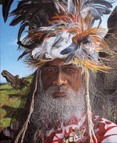 Portrait d'un homme avec un chapeau orné de plumes, visage vif et regard intense.