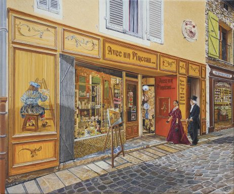 Boutique colorée avec vitrine, homme en costume et femme en robe, rue pavée.