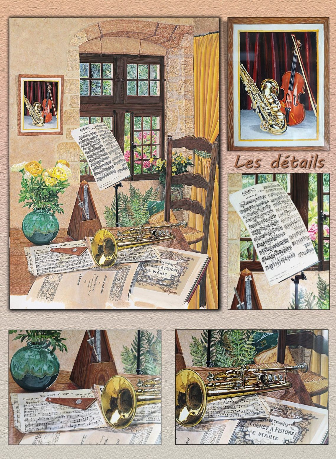 Manuscrit de musique, plume et tasse sur un bureau en bois avec un fond chaleureux.