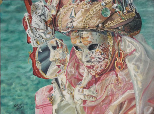 Masque coloré et orné sur le thème de la musique, reflet dans un miroir, détails riches sur fond bleu.