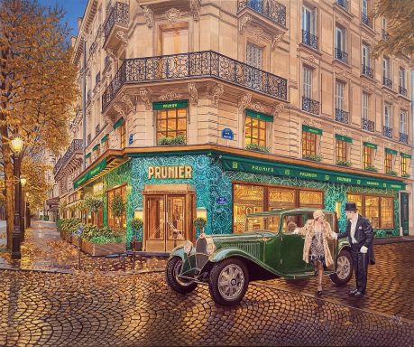 Prunier Bugatti avec couple devant le Restaurant Prunier