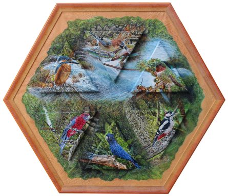 Puzzle hexagonal représentant des oiseaux colorés dans un paysage naturel.