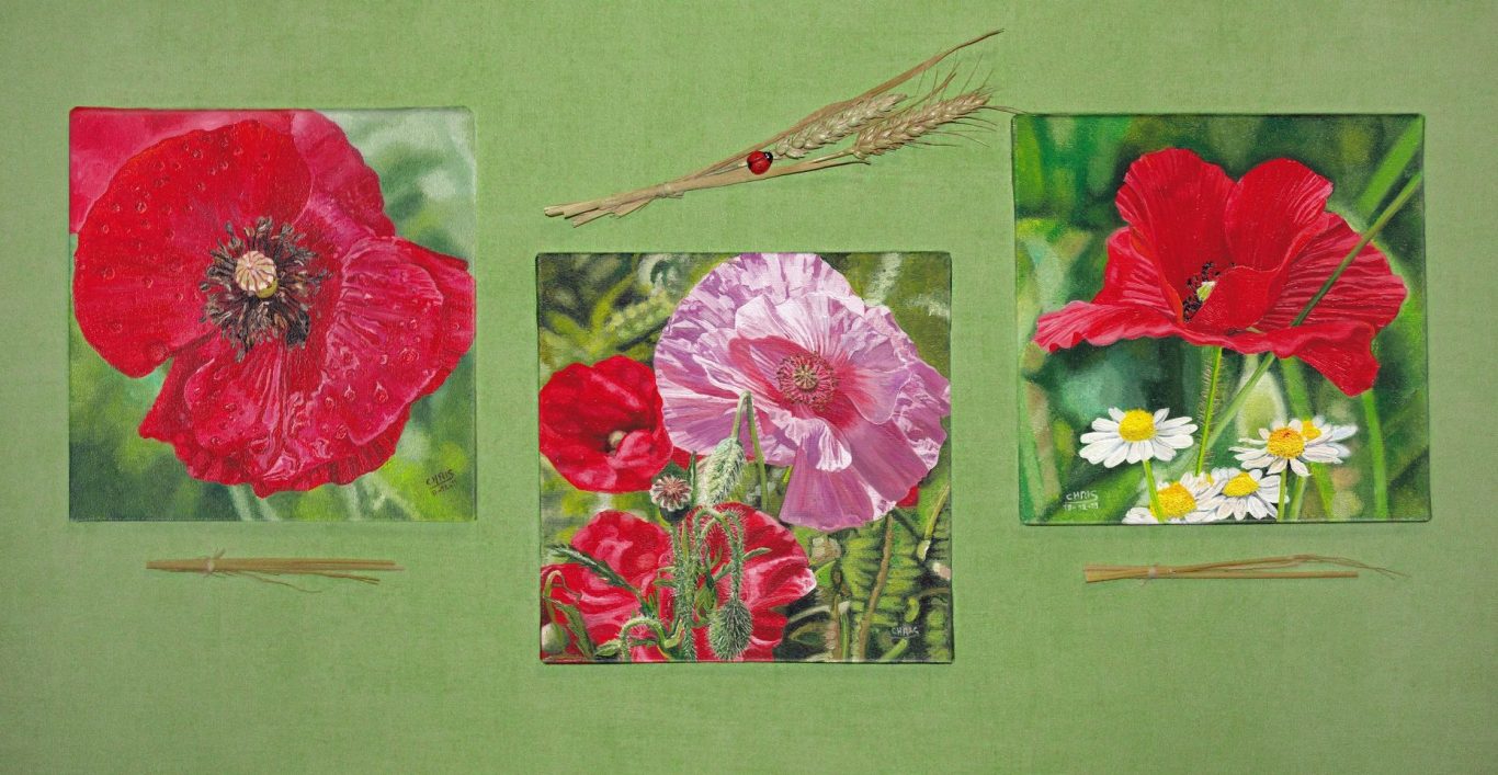 Trois fleurs de lotus sur un fond rouge, deux roses et une blanche au centre.